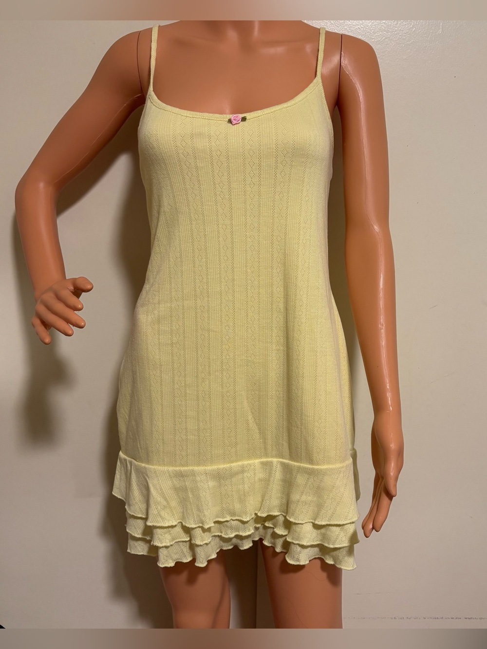 Womens Summer Yellow Pointelle Ruffle Mini Dress